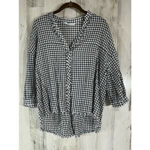 Zara Basic Black White Check Plaid Size Medium Button Front Frayed High Low‎ Hem